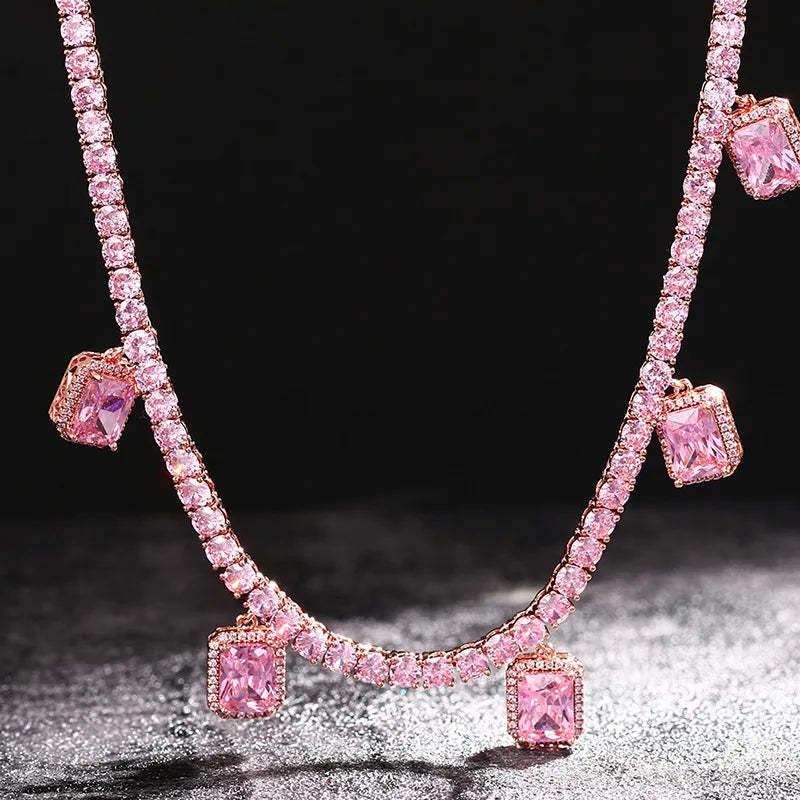 New Arrival 4mm pink Tennis Chain with Gem Pendant Charm Necklace with Extension Chain Iced Out Cz pink Necklace Set Jewelry