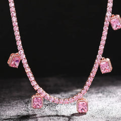 New Arrival 4mm pink Tennis Chain with Gem Pendant Charm Necklace with Extension Chain Iced Out Cz pink Necklace Set Jewelry