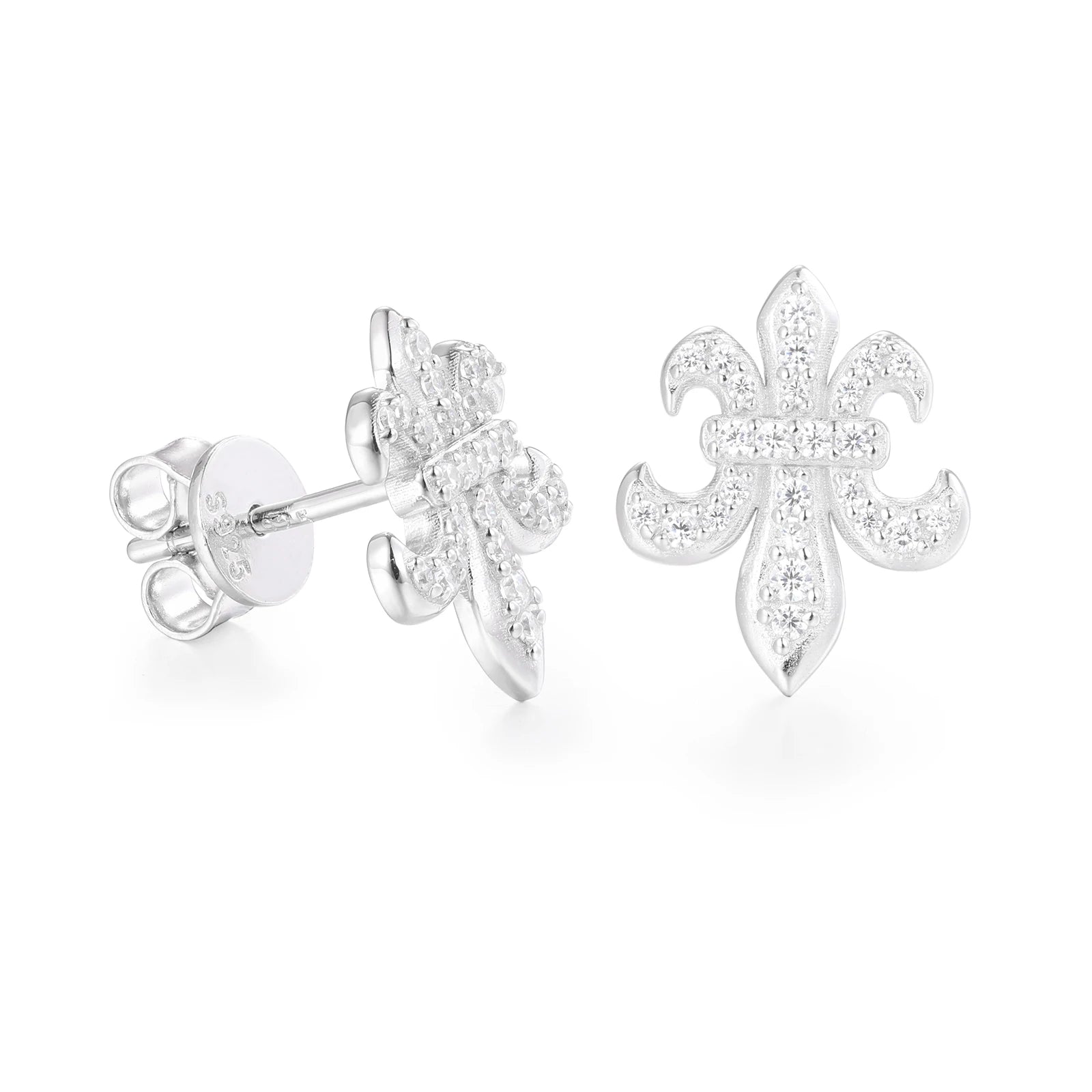 Solid Sterling Silver VVS Diamond Iced Fleur De Lis Petite Stud Earrings Pass Diamond Tester