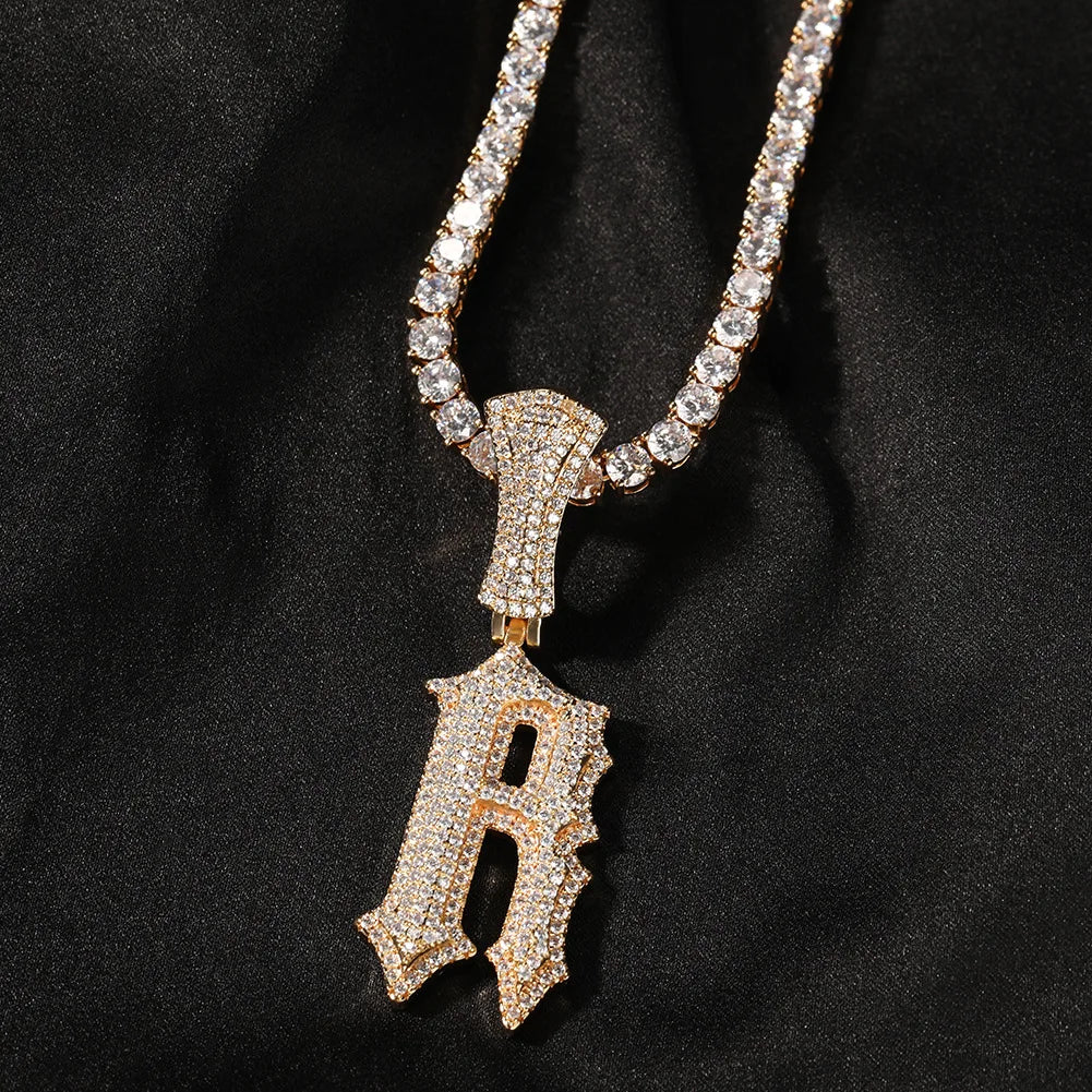 Wholesale Retro Style Initial Letter A-Z Pendant Necklace Hip Hop Initial Letter A-Z Necklace  with Cuban Chain Tennis Chain