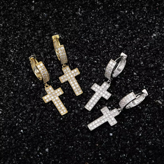 Ice Stone Trending Jesus Cross Bling Earrings Never Fade Brass