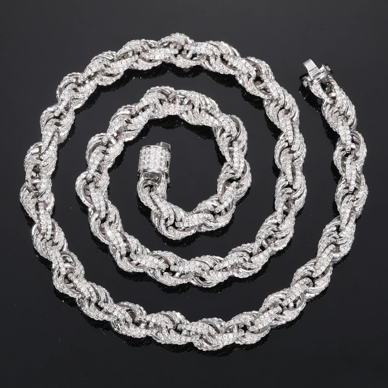 Take your ice game to the next level with the TOP ICY 8mm Fully Iced Out Rope Chain Necklace and Link Bracelet Set — the perfect combo for bold, unmissable style. Expertly crafted from genuine 925 sterling silver and dripping in VVS moissanite stones, this set delivers undeniable shine that passes diamond testers and outperforms traditional bling.

Featuring a unique rope chain design with a spring clasp, each piece is meticulously micro-inlaid with oval-cut moissanite stones that radiate with fire and bril