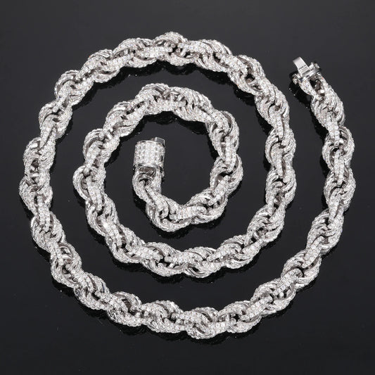 Take your ice game to the next level with the TOP ICY 8mm Fully Iced Out Rope Chain Necklace and Link Bracelet Set — the perfect combo for bold, unmissable style. Expertly crafted from genuine 925 sterling silver and dripping in VVS moissanite stones, this set delivers undeniable shine that passes diamond testers and outperforms traditional bling.

Featuring a unique rope chain design with a spring clasp, each piece is meticulously micro-inlaid with oval-cut moissanite stones that radiate with fire and bril