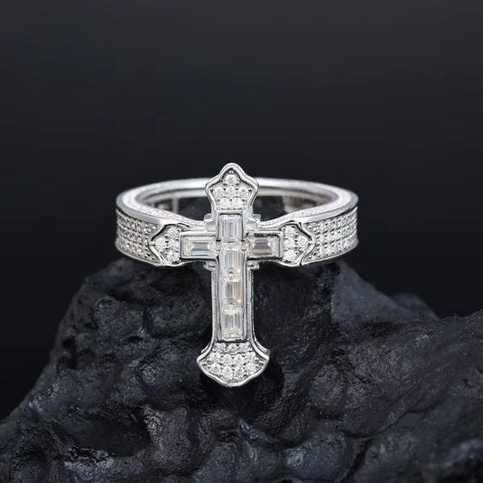 Ice Stone Moissanite Baguette Silver Cross Ring