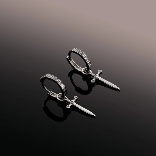 Ice Stone Simple Sword Dagger CZ Cross Drop Hoop Earrings