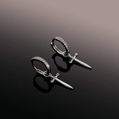Ice Stone Simple Sword Dagger CZ Cross Drop Hoop Earrings