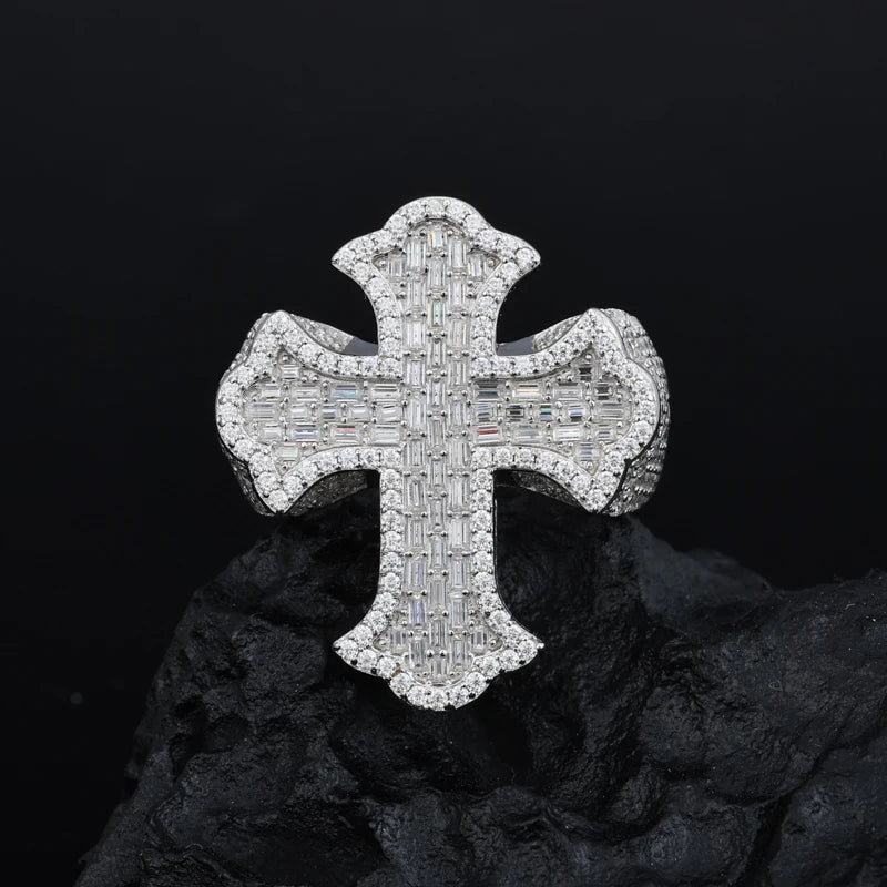 Luxury Hip Hop Style Rapper Cross Jewlery Micro VVS D Baguette Moissanite Cross Ring Pass Diamond Tester 925 Silver Cross Ring