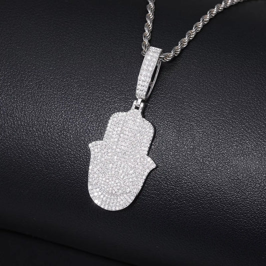 Ice Stone Fatima Hamsa 925 Silver Moissanite 18K Gold Pendant