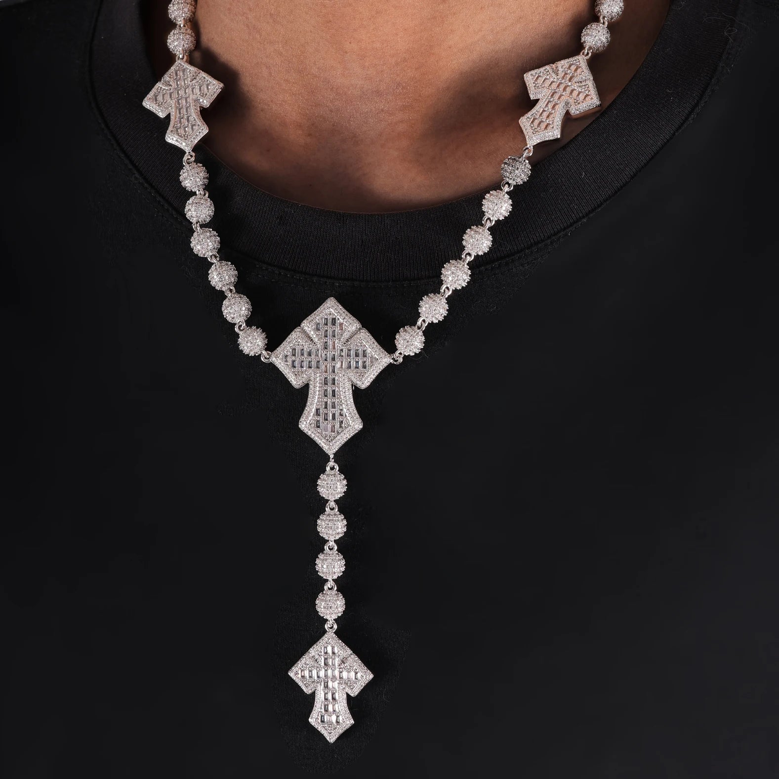 New Arrival Full Iced Out CZ Bead Baguette CZ Cross Link Chain Ball Chain Necklace Fashion Bling Hiphop Necklace Jewelry