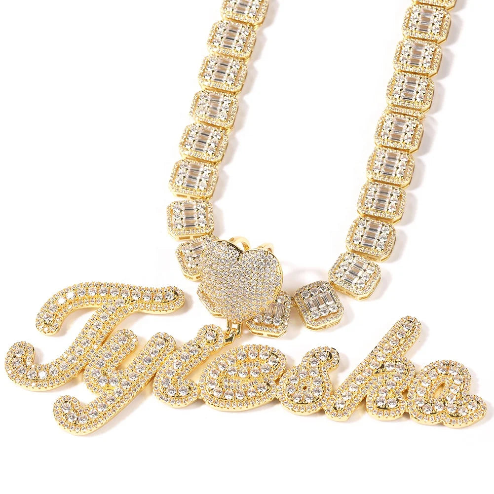 Iced out Name Plate Necklace Heart love cz big size personalized letter initial pendant necklace luxury bling party jewelry
