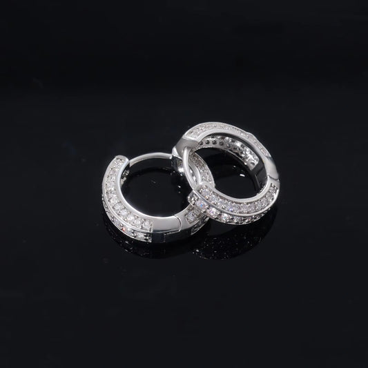 Ice Stone Round Zirconia Three Row Diamond Small Hoop Earrings