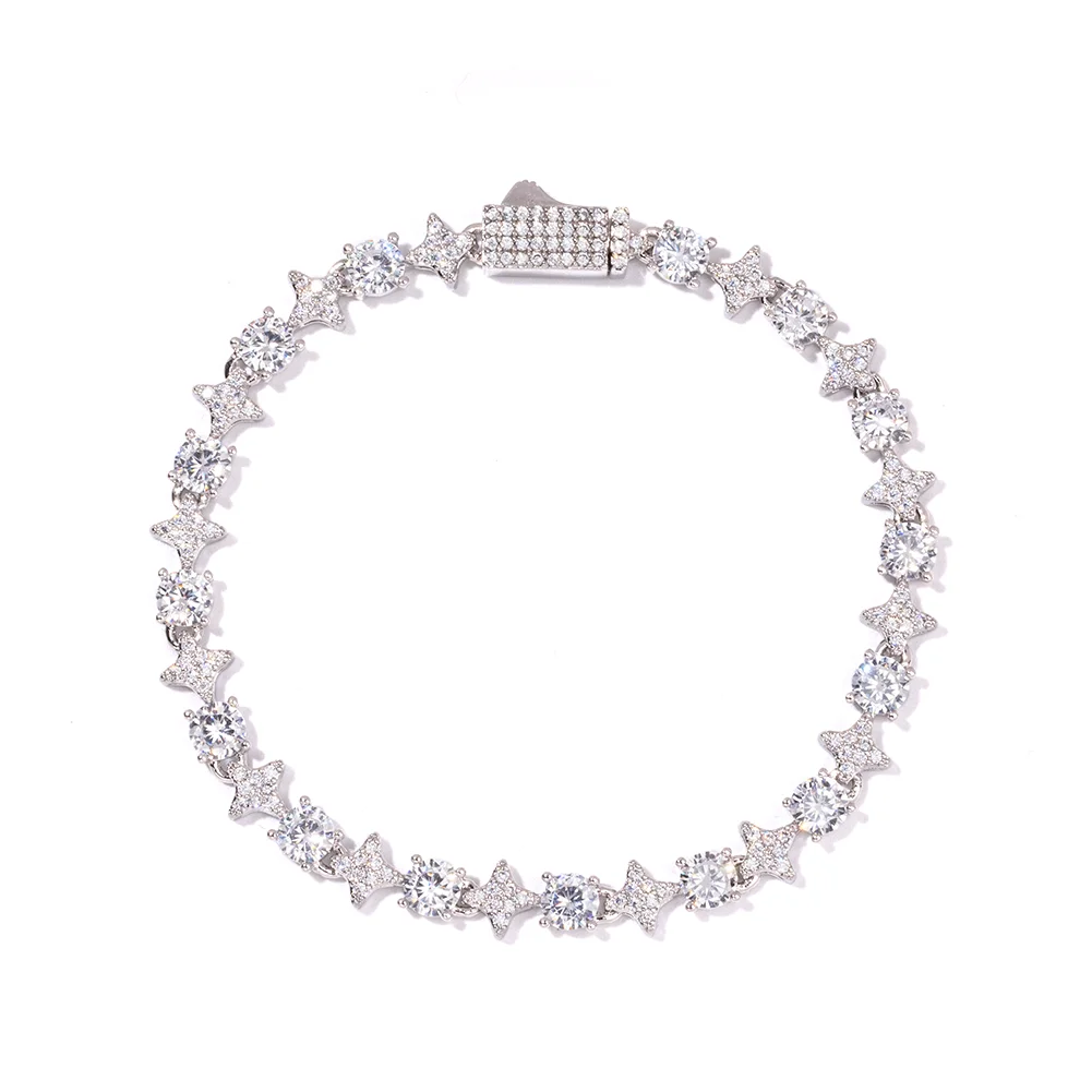 Exquisite 5mm Silver Moissanite Star Tennis Bracelet with Sparkling Moissanite Gems and Secure Spring Clasp