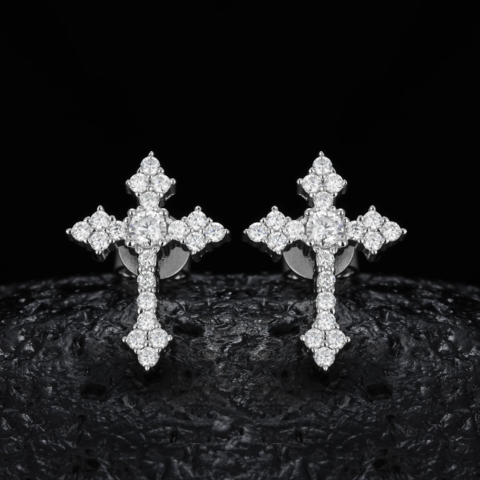 Hip Hop 925 Sterling Silver VVS Moissanite Diamond Iced Tapered Cross Stud Earrings for Men Religious Jewelry