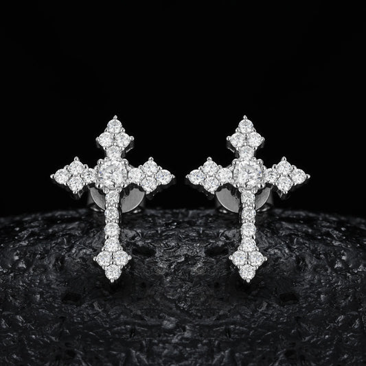 Hip Hop 925 Sterling Silver VVS Moissanite Diamond Iced Tapered Cross Stud Earrings for Men Religious Jewelry