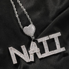 TOP ICY baguette initial charm necklace 18k gold plating Baguette CZ custom name heart hook  pendant charm necklace