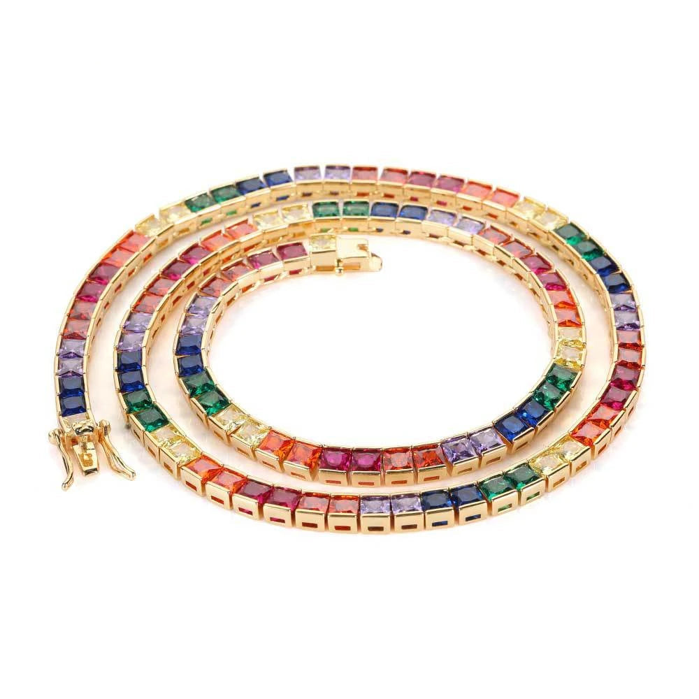 Top Icy Hip Hop Jewelry Multicolor Tennis Bracelet and Necklace Colorful CZ Chain Set 18K Gold Plated for Men and Women
