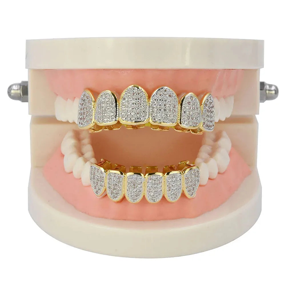 Classic 6/6 Hip Hop/Punk Teeth Grillz Set Gold Silver Teeth Grillz Top & Bottom Grills Dental Mouth Caps Cosplay Party