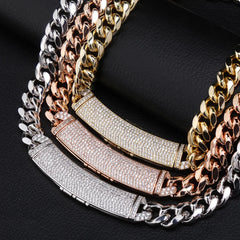 Long Clasp 12mm 14k Gold Plated Hip Hop Chain Iced Out Polished CZ Miami Cuban Link Chain Necklace with Long Box Clasp