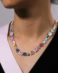 Gorgeous Mixed Gemstone Cross Tennis Chain Necklace Exquisite 925 Sterling Silver 5A CZ Enamel Necklace