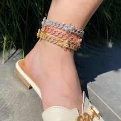 Ice Stone 8mm Pink Cuban Chain CZ Bling Hip Hop Butterfly Anklet Jewelry