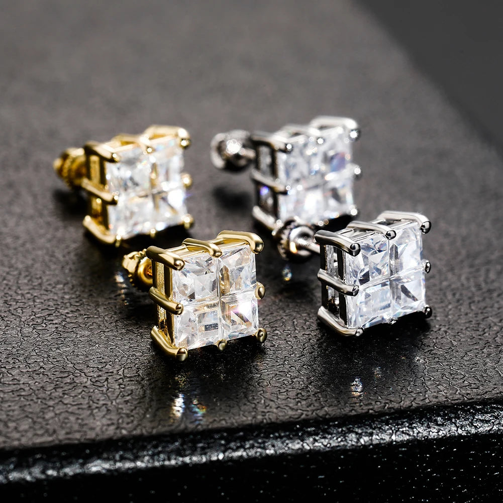 Ice Stone Hip Hop Gold Silver Iced CZ Baguette Stud Earrings