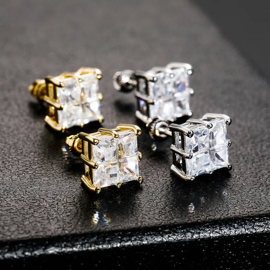 Ice Stone Hip Hop Gold Silver Iced CZ Baguette Stud Earrings