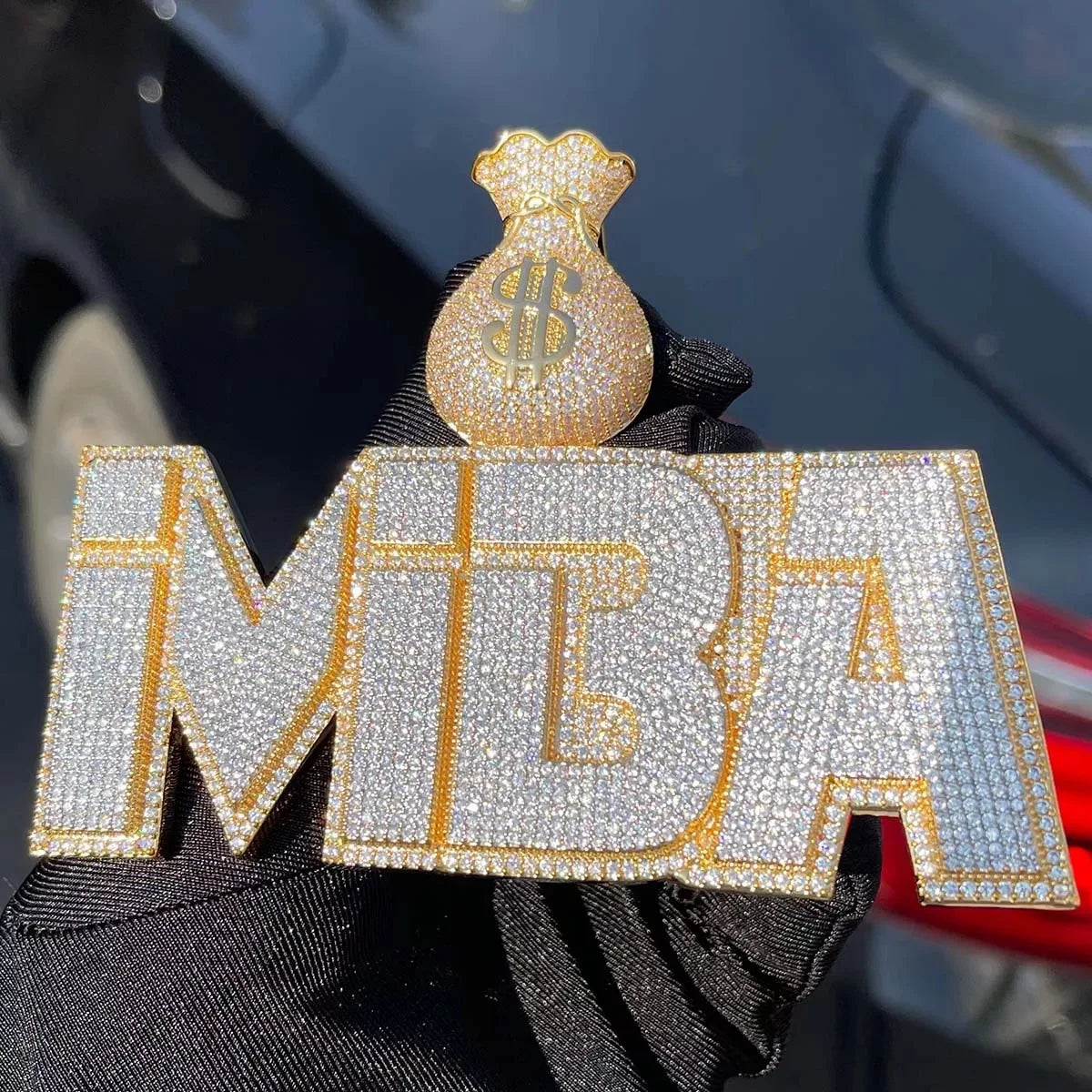 Money Bag Hook Custom Letter Pendant Gold Plated Full Diamond Pendant Necklace Cubic Zirconia for Women Jewelry