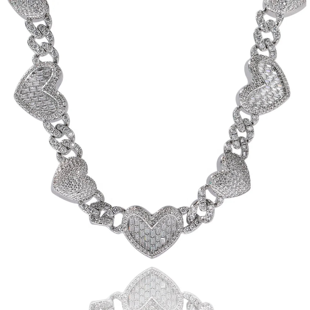 Iced Out 13mm Cuban Heart Necklace Heart Layer Cuban Link Necklace Square CZ Cuban Chain Women