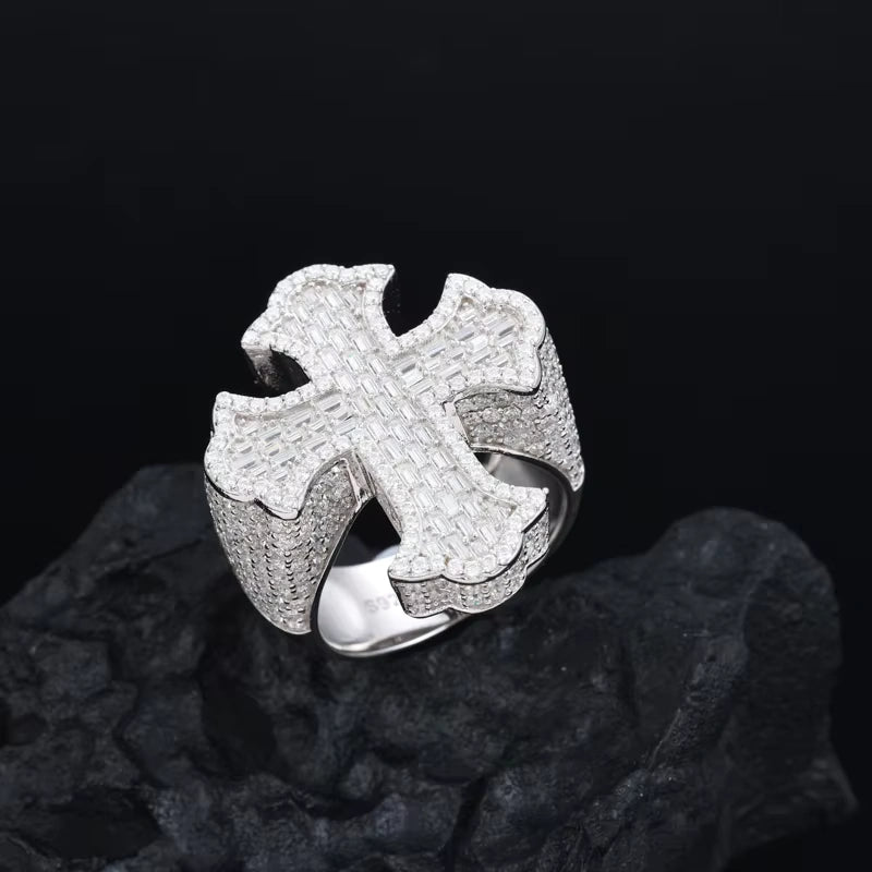 Luxury Hip Hop Style Rapper Cross Jewlery Micro VVS D Baguette Moissanite Cross Ring Pass Diamond Tester 925 Silver Cross Ring