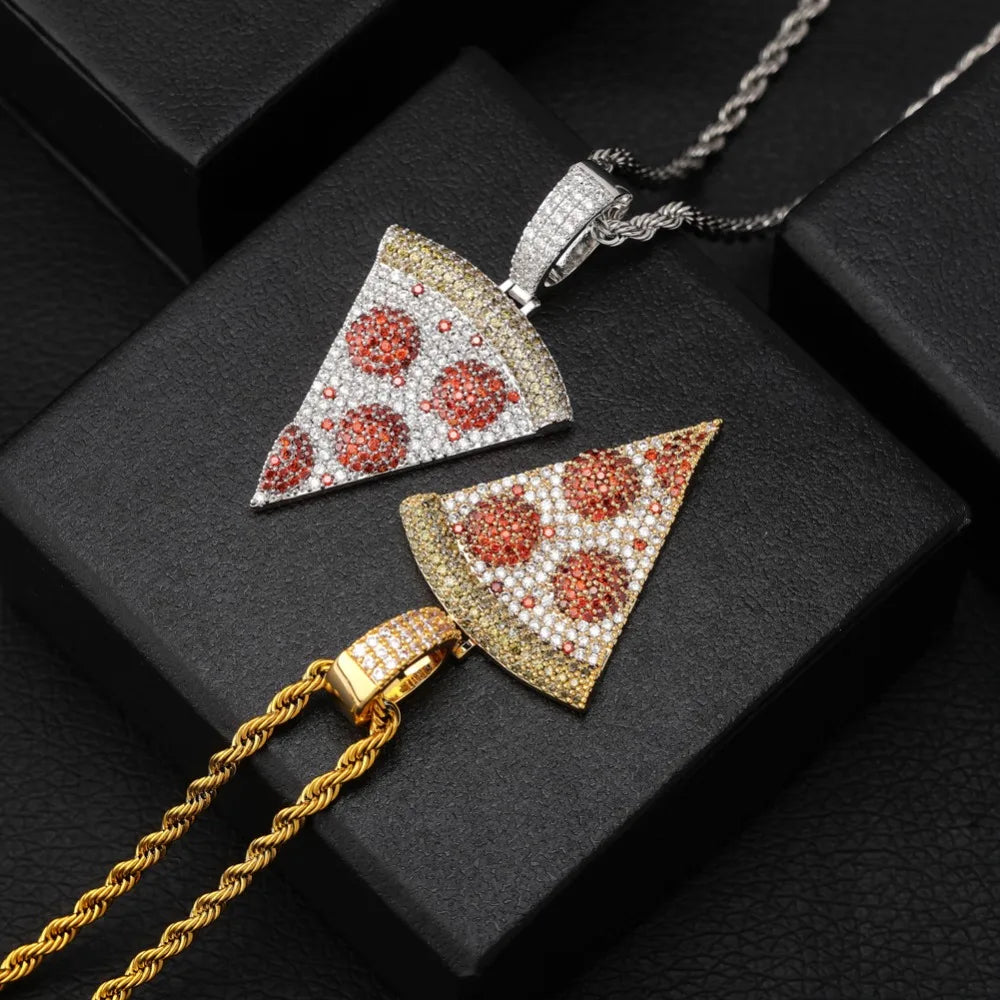 Iced Out Pizza pendant&necklace Copper Gold silvery Color Micro Paved Zircon Hip Hop pizza Full Cubic zirconia jewelry
