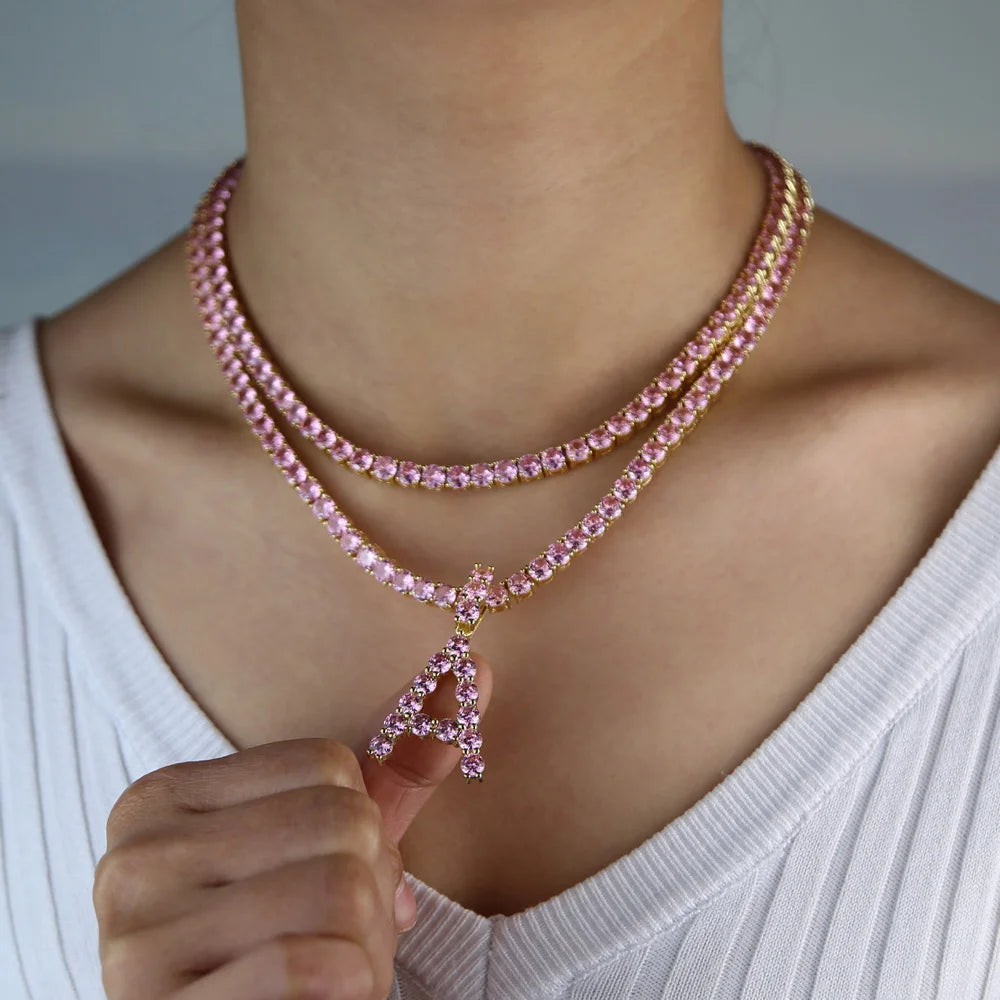 Ice Stone Pink CZ Tennis Chain Necklace