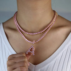 Ice Stone Pink CZ Tennis Chain Necklace