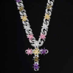 Ice Stone 15mm Multicolor Flower Cross Necklace