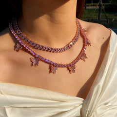 Ice Stone Pink Butterfly Iced Out Necklace