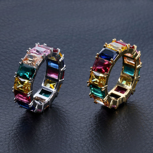 Ice Stone Baguette Colorful CZ Rainbow Gold Ring