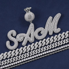 Ice Stone Two Tone Brush Cursive Name Pendant Necklace