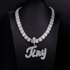 Ice Stone Two Tone Brush Cursive Name Necklace