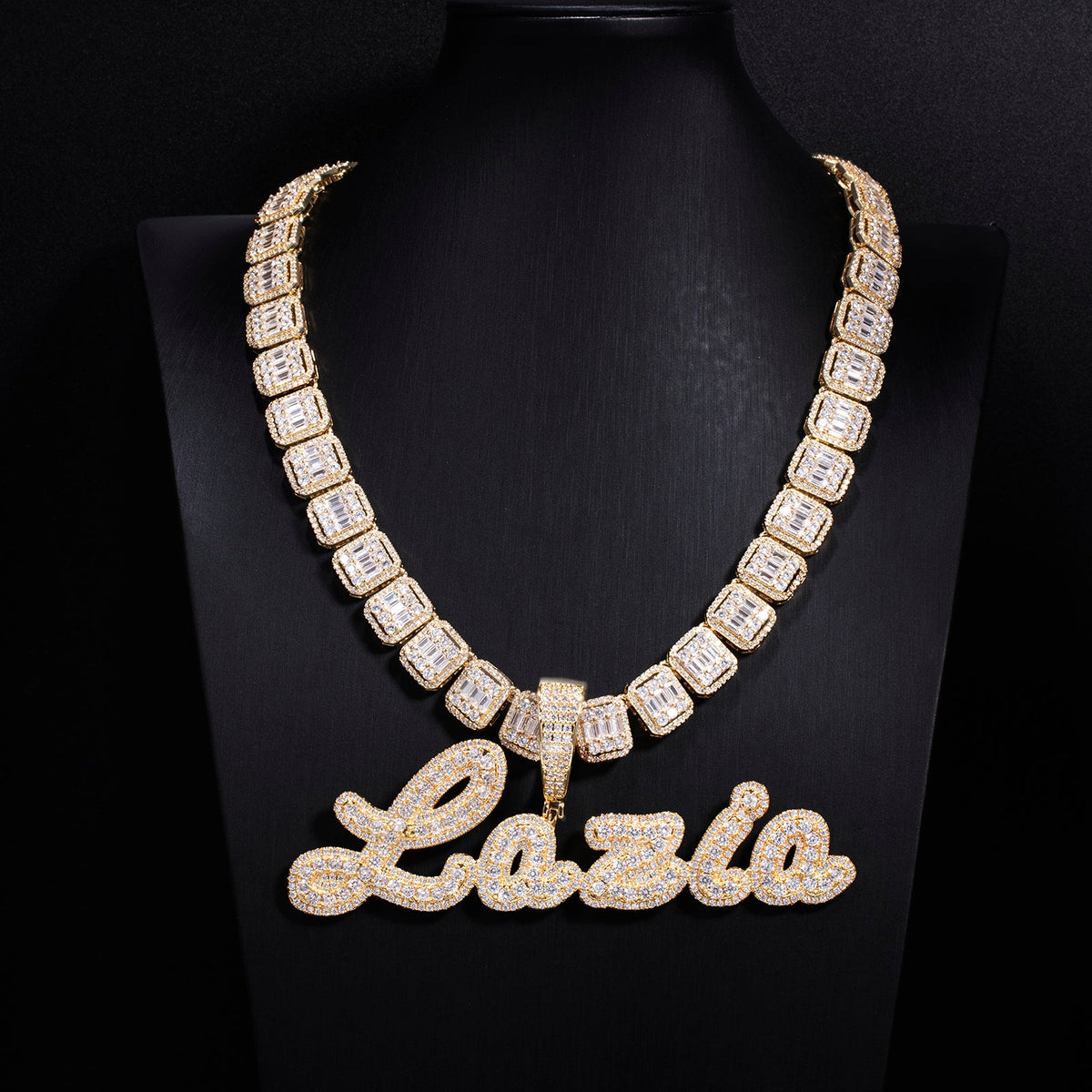 Ice Stone Two Tone Brush Cursive Name Necklace