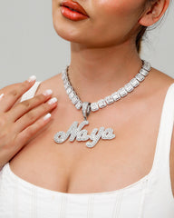 Ice Stone Two Tone Brush Cursive Name Necklace