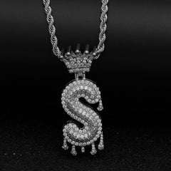 Ice Stone Men’s Iced Out Crown Letter Pendant Necklace