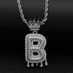 Ice Stone Men’s Iced Out Crown Letter Pendant Necklace