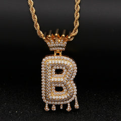 Ice Stone Men’s Iced Out Crown Letter Pendant Necklace