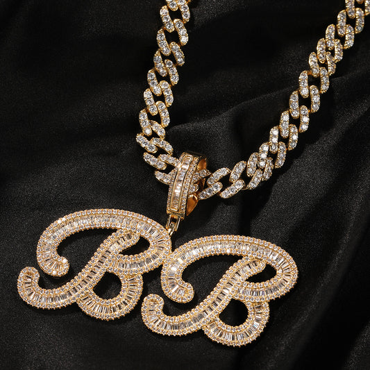 Ice Stone Hip Hop Baguette CZ Letter Pendant Necklace