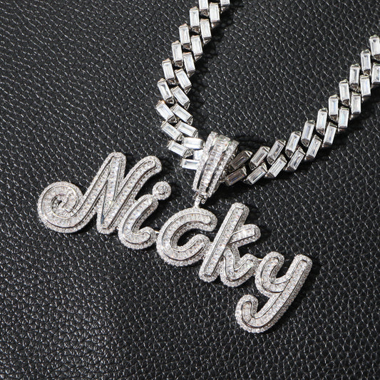 Ice Stone Baguette CZ Brush Font Custom Name Necklace