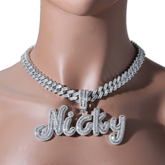Ice Stone Baguette CZ Brush Font Custom Name Necklace