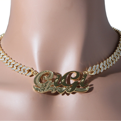 Ice Stone Stainless Steel Engraved Gold Name Necklace