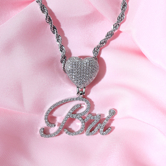 Ice Stone Custom Brush Font Heart Hook Necklace