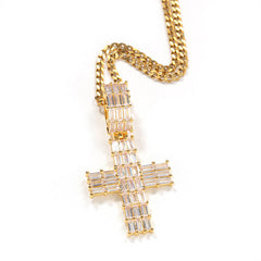 Ice Stone Big Baguette Diamond Cross Pendant Necklace