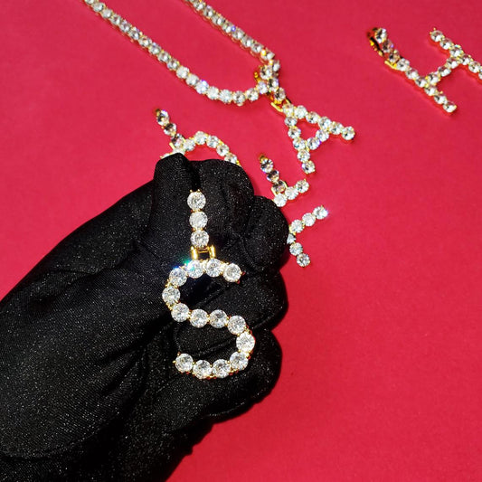 Ice Stone Iced Cuban Link Chain Letter Pendant Necklace