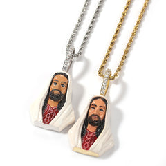 Ice Stone Enamel Jesus Pendant with AAA CZ Necklace